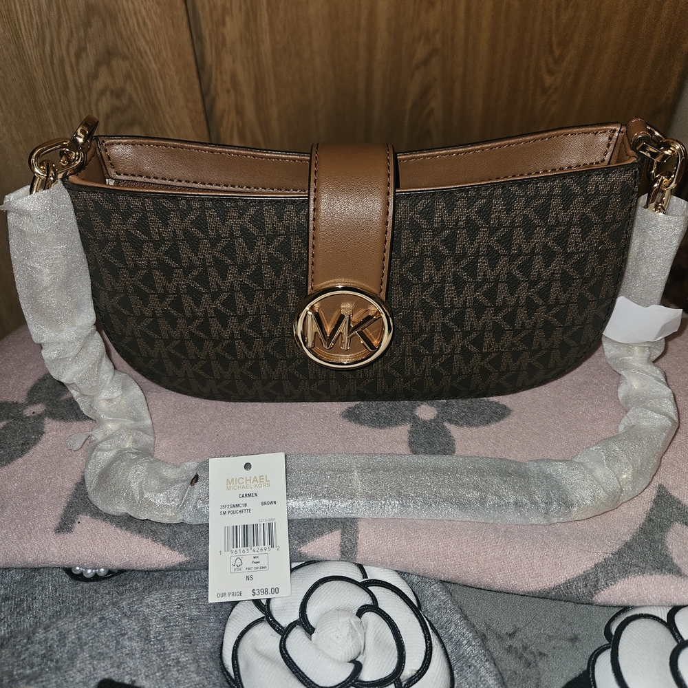 Michael Kors Carmen Small Pouchette Signature Brown Shoulder Bag